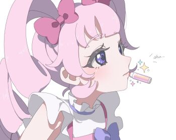 1girl aozora_himari bow dress drill_hair floating floating_object hair_bow himitsu_no_aipri idol idol_clothes lipstick looking_ahead makeup pink_bow pink_hair pink_lips portrait pretty_series purple_eyes romaji_text short_sleeves simple_background solo sparkle straight_hair tareme translated twin_drills white_background yunomikuchi