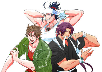 Rule 34 | 3boys, bara, beard stubble, biceps, commentary request, facial hair, gloves, green jacket, headband, jacket, japanese clothes, jewelry, keity, looking at viewer, male focus, multiple boys, necklace, nihongou (touken ranbu), otegine, ponytail, red shirt, rolling sleeves up, shirt, sleeves rolled up, smile, stubble, tank top, tonbokiri (touken ranbu), touken ranbu, white background, white gloves, white headband, white tank top
