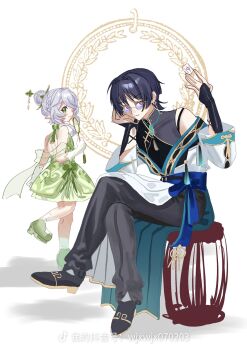 Rule 34 | 070203wjx, 1boy, 1girl, alternate costume, alternate hairstyle, bare shoulders, bespectacled, black bridal gauntlets, black hair, black pants, black shoes, blue sash, blunt ends, bow, braid, bridal gauntlets, brooch, chinese hairpin, chinese text, closed mouth, cross-shaped pupils, crossed legs, dress, earrings, elbow gloves, eyelashes, full body, gem, genshin impact, glasses, gloves, gold earrings, gold trim, green bow, green dress, green gem, green shawl, green shoes, hair bun, hair intakes, half crown braid, hands up, highres, holding, holding mahjong tile, hoyofair, jewelry, long sleeves, looking at viewer, mahjong, mahjong tile, mandarin collar, median furrow, nahida (genshin impact), off shoulder, open hands, pants, pointy ears, purple-tinted eyewear, purple eyes, robe, sash, scaramouche (genshin impact), see-through clothes, see-through shawl, shawl, shoes, short dress, short hair, short hair with long locks, shoulder blades, sidelocks, single hair bun, single sidelock, sitting, smile, socks, spaghetti strap, standing, symbol-shaped pupils, tareme, tassel, tiktok logo, tiktok username, tinted eyewear, tsurime, wanderer (genshin impact), wanderer (parallels meet) (genshin impact), white background, white gloves, white robe, white sleeves, white socks, wispy bangs, yellow-framed eyewear, yellow eyes