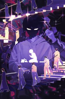 1girl 1other 6+boys absurdres black_hair book book_stack chain chained coat empty_eyes glowing glowing_eyes han_sooyoung highres holding holding_pen hood hood_down hoodie kim_dokja limited_palette ma_someru mini_person miniboy multiple_boys multiple_persona oldest_dream omniscient_reader&#039;s_viewpoint open_clothes open_coat pen seiza short_hair sitting size_difference sparkle spiral_staircase stairs too_many_clones walking yoo_joonghyuk