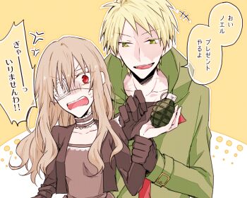 1boy 1girl black_dress black_gloves black_jacket blonde_hair burn_scar choker dress explosive eyepatch fugo_dressel gloves green_eyes green_hood green_jacket grenade higyaku_no_noel holding holding_grenade hood jacket kagu_(noko11) long_hair medical_eyepatch noel_cerquetti red_eyes scar scar_on_face short_hair smile sweatdrop translated