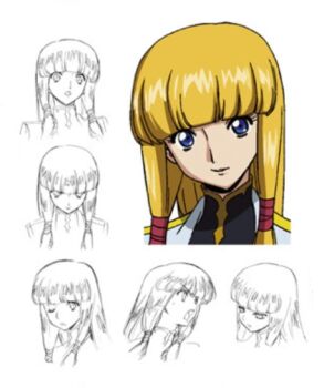 anime_coloring blonde_hair blue_eyes code_geass graphite_(medium) hair_ribbon monica_kruszewski nervous official_art one_eye_closed portrait reference_sheet ribbon sketch surprised traditional_media turtleneck