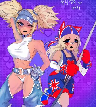 2girls animal_ears blonde_hair blue_eyes blue_mary breasts cat cat_ears cat_girl cat_tail denim female_focus gloves heart huge_breasts jeans kof:_maximum_impact large_breasts lilly_kane long_hair looking_at_viewer multiple_girls panties pants shirt shoes short_hair skin_tight staff star_(symbol) tail tank_top the_king_of_fighters thick_thighs thighs tight_clothes tight_shirt underwear white_panties