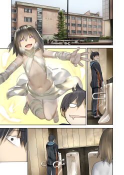 2boys absurdres araido_kagiri black_hair blue_eyes building clock cloth comic feathers hair_between_eyes highres hood hood_down hooded_jacket imagining jacket lamppost light_rays long_sleeves male_focus medium_hair mr.monster_(araido_kagiri) multiple_boys navel original pants public_restroom saliva sandals satellite_dish short_hair silent_comic smile striped_clothes striped_jacket striped_pants track_jacket trap tree urinal urinal_use wrappings