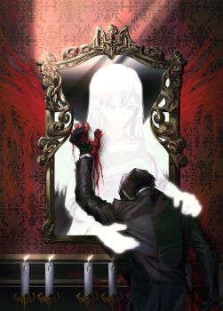 1boy 1girl angelica_(project_moon) arm_up black_gloves black_hair black_jacket blood blood_on_hands blood_on_wall candle gloves highres jacket library_of_ruina long_hair long_sleeves m_ttl painting_(object) picture_frame portrait_(object) project_moon roland_(project_moon) spoilers very_long_hair wallpaper_(object) white_hair