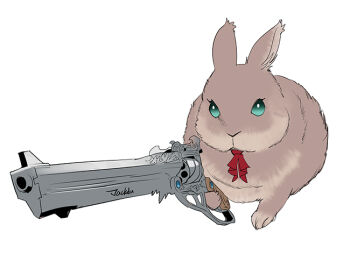 animal animalization artist_name ascot byuub final_fantasy final_fantasy_xiv green_eyes gun handgun holding holding_gun holding_weapon machinist_(final_fantasy) no_humans original rabbit red_ascot revolver simple_background tewa_(byuub) warrior_of_light_(ff14) weapon white_background