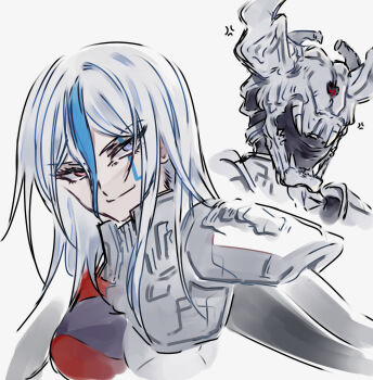 Rule 34 | 1boy, 1girl, 201 (yield), addamaque, armor, black bodysuit, blue hair, blue streaks, bodysuit, cape, commentary, covered face, helmet, heterochromia, highres, multicolored bodysuit, multicolored hair, purple eyes, red bodysuit, red eyes, shoulder armor, smile, streaked hair, the hundred line -last defense academy-, two-tone bodysuit, v'ehxness, white background, white hair