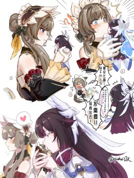 Rule 34 | !?, 2girls, absurdres, animal ears, bare shoulders, black collar, black hair, black sleeves, blue eyes, blush, bonnet, bow, brown hair, cat ears, cat tail, character doll, chinese text, closed eyes, closed mouth, collar, columbina (genshin impact), commentary, detached collar, detached sleeves, doll, dress, english commentary, eye mask, flying sweatdrops, genshin impact, ghost, gloves, hair bow, hair bun, hair ornament, head wings, headdress, heart, highres, holding, holding doll, jealous, kiss, long hair, long sidelocks, long sleeves, mask, multicolored hair, multiple girls, multiple wings, object kiss, open mouth, purple eyes, purple hair, purple streaks, qiukui, ribbon, sandrone (genshin impact), see-through clothes, see-through mask, short hair with long locks, sidelocks, simple background, smile, streaked hair, stuffed toy, surprise kiss, surprised, sweatdrop, tail, translation request, two-tone hair, very long hair, white background, white dress, white gloves, white headdress, white mask, white wings, winding key, wing hair ornament, wings, wrist bow, x-shaped eyewear, yuri