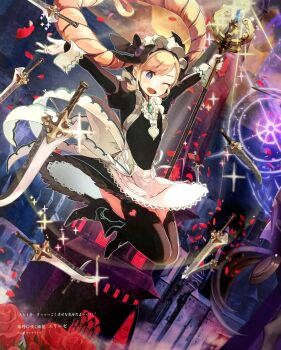 1girl ;d absurdres apron black_bow black_dress blonde_hair bow bridal_gauntlets dress drill_hair elise_(fire_emblem) feather_trim fire_emblem fire_emblem_cipher fire_emblem_fates hair_bow highres kurosawa_tetsu long_sleeves maid maid_apron maid_headdress nintendo nohrian_maid_uniform official_art one_eye_closed open_mouth puffy_sleeves purple_eyes purple_hair smile solo thighs third-party_source twin_drills