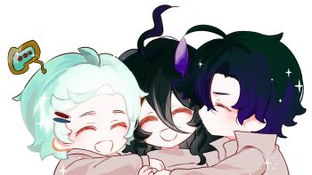 3boys :d ^_^ aged_down ahoge arrow_(symbol) black_hair blue_hair brown_jacket brown_sweater child chinese_commentary closed_eyes colored_tips commentary_request curtained_hair double-parted_bangs electric_peashooter_(plants_vs._zombies) facing_viewer goo_peashooter_(plants_vs._zombies) hair_between_eyes hair_ornament highres jacket long_hair_between_eyes long_sleeves male_focus medium_hair multicolored_hair multiple_boys no_mouth official_alternate_costume open_mouth personification plants_vs._zombies plants_vs._zombies_2 portrait profile puffy_long_sleeves puffy_sleeves purple_hair shadow_peashooter_(plants_vs._zombies) short_bangs short_hair sign sign_on_head siiiiiiiiiii simple_background smile sparkle sweater turtleneck turtleneck_sweater two-tone_hair white_background