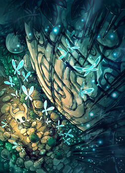 artist_name blue_butterfly bug bush butterfly cobblestone commentary creature grass highres holding holding_lantern hollow_knight insect knight_(hollow_knight) lantern leaf mamoru_mikokoro mask mosscreep_(hollow_knight) no_humans path road ruins underground water_drop