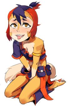 1girl fangs female_focus flat_chest full_body hands_together highres loli looking_at_viewer multicolored_hair pocket shoes simple_background sneakers tail thundercats tongue tongue_out white_background wilykit yellow_eyes