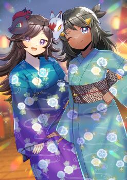 Rule 34 | 2girls, :d, ;), absurdres, black hair, blue kimono, blurry, blurry background, brown hair, closed mouth, commentary, commission, commissioner upload, dark-skinned female, dark skin, english commentary, floral print, floral print kimono, fran (arachnos), gen 5 pokemon, green kimono, grey eyes, highres, hisuian zoroark, japanese clothes, kimono, kou hiyoyo, long hair, long sleeves, looking at viewer, mask, mask on head, multiple girls, nintendo, obi, one eye closed, open mouth, original, outdoors, pokemon, pokemon infinite fusion, print kimono, purple eyes, rhea (stryker324), sash, skeb commission, smile, yukata, zoroark