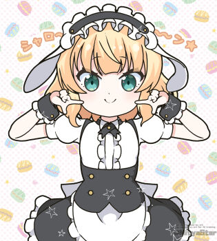 1girl animal_ears apron artist_name black_hairband black_skirt blonde_hair center_frills closed_mouth commentary fake_animal_ears fleur_de_lapin_uniform floppy_ears frilled_apron frilled_hairband frills gochuumon_wa_usagi_desu_ka? green_eyes hairband kirima_syaro mitya puffy_short_sleeves puffy_sleeves rabbit_ears shirt short_sleeves skirt smile solo twitter_username waist_apron watermark white_apron white_shirt wrist_cuffs