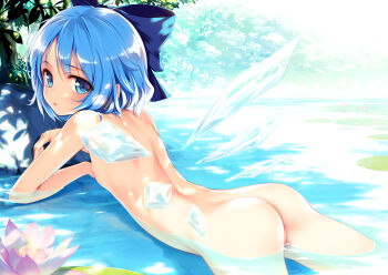 1girl ass back bad_id bad_pixiv_id blue_eyes blue_hair blush bow cirno completely_nude female_focus flat_chest flower hair_bow highres ice ice_wings ke-ta light lily_pad loli looking_at_viewer looking_back lying matching_hair/eyes nipples nude on_stomach open_mouth partially_submerged short_hair solo touhou tree_shade water wings