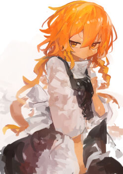 Rule 34 | 1girl, absurdres, apron, black skirt, black vest, blonde hair, braid, closed mouth, commentary, hair between eyes, hat, highres, holding, holding unworn clothes, holding unworn hat, kaamin (mariarose753), kirisame marisa, long hair, looking at viewer, shirt, short sleeves, side braid, skirt, solo, touhou, turtleneck, turtleneck shirt, unworn hat, unworn headwear, vest, white background, white shirt, yellow eyes