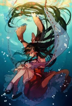 1girl black_hair black_sandals bow bubble closed_eyes closed_mouth commentary_request detached_sleeves english_text frilled_hair_tubes frilled_skirt frills full_body hair_bow hair_tubes hakurei_reimu long_hair one-hour_drawing_challenge red_bow red_shirt red_skirt ribbon-trimmed_sleeves ribbon_trim sandals shinjitsu_no_kuchi shirt sidelocks skirt skirt_set sleeveless sleeveless_shirt smile socks solo touhou underwear water white_sleeves white_socks