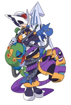 1boy armor character_request closed_eyes crossed_arms forehead_jewel full_body helmet hidden_phantom_(mega_man) highres mega_man_(series) mega_man_zero_(series) ninja omeehayo purple_armor purple_helmet robot_snake simple_background squid standing white_background