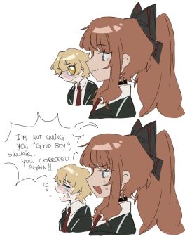 1boy 1girl artist_self-insert black_ribbon black_suit blonde_hair blush collared_shirt crying english_text formal_clothes from_side hair_ribbon highres kyururirin limbus_company long_hair necktie oc_x_canon open_mouth orange_hair project_moon red_necktie ribbon shirt short_hair simple_background sinclair_(project_moon) speech_bubble streaming_tears suit sweat tears white_background white_shirt yellow_eyes