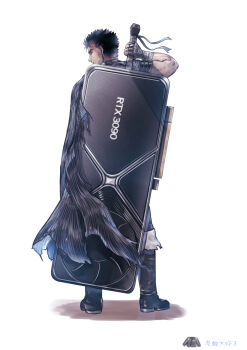1boy berserk black_hair cape from_behind full_body geforce_rtx_3090 graphics_card guts_(berserk) highres holding_behind_back holding_weapon_behind_back huge_weapon looking_at_viewer looking_back male_focus nvidia short_hair simple_background solo tansan_daisuki very_short_hair weapon weapon_on_back white_background