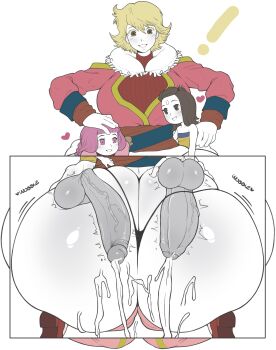 ! 1girl 2futa absurdres age_difference ass baten_kaitos blonde_hair breasts brown_hair clothed_sex cum erection futa_with_female futanari gigantic_penis hand_on_another's_head highres huge_ass huge_testicles looking_at_viewer multiple_futa nude panties penis pink_hair simple_background size_difference string_panties testicles thanuki underwear veins veiny_penis white_background xelha_(baten_kaitos)