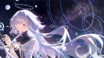 1girl bracelet chinese_commentary circle colored_eyelashes commentary_request earrings floating_hair hair_over_one_eye halo hand_up highres jacket jewelry long_hair mornye_(wuthering_waves) parted_lips red_eyes ring san_sui_dingshang_ya solo star_(sky) starry_sky_background upper_body watermark weibo_watermark white_hair white_jacket wuthering_waves