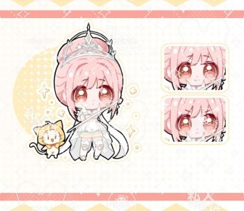 :o ahoge animal aying99792 bare_shoulders blunt_bangs boots bow bowtie brown_eyes cat chibi cloak close-up closed_mouth clothed_animal coattails commentary_request commission determined dot_nose dress ear_covers expressionless frilled_arm_warmers frilled_dress frills furrowed_brow grey_boots hair_bun hair_intakes halftone halftone_background happy holding holding_sword holding_weapon hood hood_up hooded_cloak infinity_nikki knee_pads light_blush light_frown looking_ahead melody_bloom_(infinity_nikki) momo_(nikki) multiple_expressions navel nikki_(nikki) nikki_(series) open_mouth outline parted_lips pink_hair rapier red_bow red_bowtie sample_watermark short_dress short_hair_with_long_locks sidelocks single_hair_bun sleeveless sleeveless_dress smile solid_oval_eyes sparkle standing sword tareme thighhighs tiara too_many_watermarks traditional_bowtie updo watermark weapon whiskers white_arm_warmers white_background white_cat white_dress white_outline white_thighhighs yellow_cloak