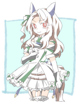 >:) 1girl animal_ears beer_hsk blue_background brown_hair closed_mouth collared_dress cropped_legs dress garter_straps green_jacket horse_ears horse_girl horse_tail jacket king_halo_(king_of_emeralds)_(umamusume) king_halo_(umamusume) long_hair looking_at_viewer off-shoulder_jacket off_shoulder one_side_up red_eyes sleeveless sleeveless_dress smile solo tail two-tone_background umamusume v-shaped_eyebrows white_background white_dress