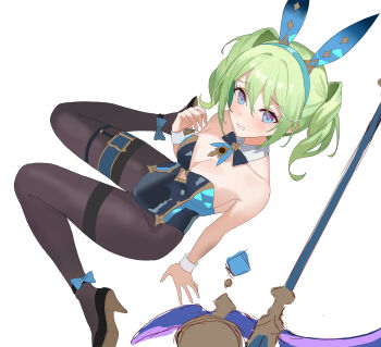 1girl abigail_(black_survival) abigail_(black_survival)_(cosplay) abigail_(poker_face)_(black_survival) animal_ears bare_shoulders belt black_leotard black_sandals black_survival blue_eyes bow bowtie breasts brown_pantyhose cleavage collarbone commentary_request cosplay detached_collar eternal_return:_black_survival fake_animal_ears green_hair grin hairband high_heels highres korean_commentary leotard long_hair looking_at_viewer medium_breasts pantyhose playboy_bunny rabbit_ears sandals scythe sitting sl86 smile solo stellive strapless strapless_leotard thigh_belt thigh_strap twintails virtual_youtuber wariza wrist_cuffs yuzuha_riko