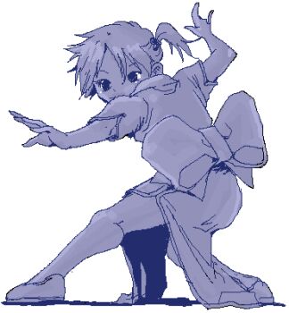 1girl archived_source back_bow blue_theme bow child china_dress chinese_clothes dress fighting_stance flats full_body hair_between_eyes hair_bobbles hair_ornament jaggy_lines kim_soo-min_(image_part) large_bow legs_apart long_dress lowres martial_arts oekaki one_side_up original short_hair short_sleeves simple_background standing white_background