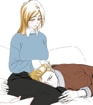 Rule 34 | 1boy, 1girl, barefoot, black skirt, bleach, bleach: epilogue, blue sweater, breasts, brown sweater, closed eyes, closed mouth, collared shirt, couple, hand in another's hair, hetero, highres, husband and wife, inoue orihime, kurosaki ichigo, lap pillow, large breasts, light smile, long hair, long skirt, orange hair, parted lips, rozuberry, shirt, shirt under sweater, short hair, skirt, striped clothes, striped shirt, sweater, white background, white shirt