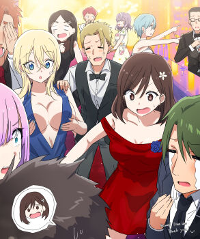 5girls 6+boys :o absurdres anger_vein bartender black_bow black_bowtie black_necktie black_vest blonde_hair blue_eyes blue_flower blue_hair body_switch bow bowtie breasts brown_hair cleavage collarbone commission covering_own_eyes crying dress flower formal_clothes glasses grabbing_own_breast green_hair hair_between_eyes hair_flower hair_ornament hairclip highres jacket lapels large_breasts long_hair medium_hair misaki_nonaka multiple_boys multiple_girls necktie no_bra open_mouth original party personality_switch pink_hair plunging_neckline pointing purple_hair red_dress shirt short_hair skeb_commission spoken_character streaming_tears suit suit_jacket sweatdrop tears thank_you v-shaped_eyebrows vest white_shirt