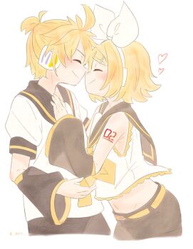 1boy 1girl ahoge artist_name bare_shoulders belt black_shorts blonde_hair bow closed_eyes commentary cowboy_shot crop_top detached_sleeves hair_bow hair_ornament hairpin hands_on_another's_chest headset heart kagamine_len kagamine_rin m0ti midriff multiple_hairpins navel noses_touching ponytail puffy_short_sleeves puffy_sleeves sailor_collar short_hair short_sleeves shorts smile swept_bangs vocaloid white_bow yellow_bow