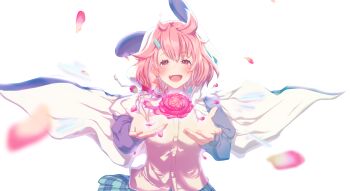 1girl :d animal_hood black_sleeves blurry blush brown_cardigan cardigan commentary_request depth_of_field earrings eyelashes falling_petals fang floating_clothes floating_flowers flower flower_request green_skirt hair_ornament hairclip hands_up highres hood hooded_jacket jacket jewelry lips long_sleeves looking_at_viewer medium_hair miniskirt mole mole_under_eye nijisanji no_pupils open_clothes open_jacket open_mouth outstretched_arms panda_hood petals pink_eyes pink_flower pink_hair pink_petals plaid_clothes plaid_skirt pleated_skirt sasaki_saku sasaki_saku_(1st_costume) shirogami_seisho single_earring skin_fang skirt smile solo straight-on upper_body virtual_graduation_commemoration virtual_youtuber white_background white_jacket