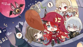 Rule 34 | !, 4girls, artist request, black boots, blonde hair, blue eyes, boots, breasts, character request, chibi, cleavage, cloud, commentary, copyright name, drooling, english commentary, flying sweatdrops, food, grey eyes, hair between eyes, holding, holding food, long hair, long sleeves, mouth drool, multiple girls, night, onion, open mouth, pink eyes, purple hood, red eyes, red hair, silver and blood, speech bubble, spoken exclamation mark, teeth, thought bubble, upper teeth only