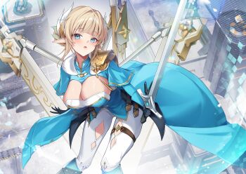 1girl armor bent_over blonde_hair blue_eyes blunt_bangs blush boots breasts capelet cleavage clothing_cutout coattails commission commissioner_upload elf feet_out_of_frame gloves hair_bun heeri highres holding holding_sword holding_weapon large_breasts pants pauldrons pixiv_commission pointy_ears shoulder_armor single_pauldron solo starward sword thigh_cutout thigh_strap weapon white_pants yammyn