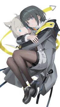 1girl absurdres arknights arknights:_endfield black_coat black_hair black_pantyhose black_shoes black_shorts blue_eyes blush c: character_doll chinese_commentary coat commentary_request doll dress endministrator_(arknights) female_endministrator_(arknights) grey_dress highres holding holding_doll long_sleeves looking_at_viewer mixed-language_commentary pantyhose perlica_(arknights) shoes shortofsugar shorts shorts_under_dress simple_background smile thighs white_background