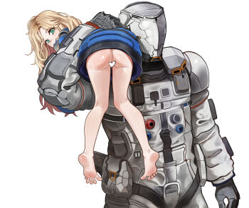 1boy 1girl absurdres android ass blue_coat blue_eyes blush bodysuit bottomless carrying censored cleft_of_venus coat diana_(pragmata) feet gloves heart heart_censor helmet highres hugh_williams loli machine none1987 pragmata pussy robot simple_background standing thighs toes white_background