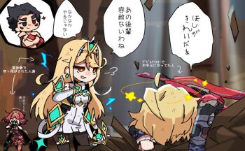 2boys 2girls bare_shoulders black_gloves black_legwear blonde_hair blush breasts chest_jewel chibi dress earrings elbow_gloves fingerless_gloves gloves headpiece jewelry large_breasts long_hair looking_at_viewer mishima_kazuya monado mugimugis multiple_boys multiple_girls mythra_(massive_melee)_(xenoblade) mythra_(xenoblade) nintendo pantyhose pyra_(xenoblade) red_eyes red_hair red_legwear red_shorts short_hair short_shorts shorts shulk_(xenoblade) smile super_smash_bros. swept_bangs sword tekken thighhighs tiara translation_request very_long_hair weapon white_dress xenoblade_chronicles_(series) xenoblade_chronicles_1 xenoblade_chronicles_2 yellow_eyes