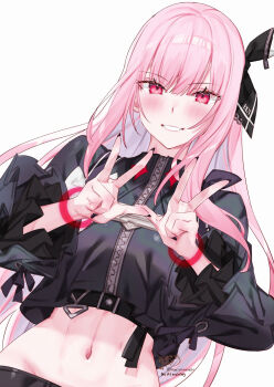 1girl absurdres black_jacket black_nails blunt_bangs breasts cropped_jacket grin hair_ribbon hands_up highres hololive hololive_english hololive_idol_uniform_(color_rise) idol_clothes jacket kamiya_maneki large_breasts long_hair long_sleeves looking_at_viewer midriff mori_calliope nail_polish navel official_alternate_costume pink_eyes pink_hair ribbon sidelocks simple_background smile solo straight_hair virtual_youtuber white_background