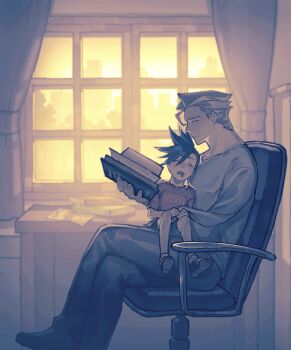 2boys ametoya amputee book chair child closed_eyes closed_mouth clothes_writing curtains desk drooling galo_thymos highres kray_foresight male_focus monochrome mouth_drool multiple_boys open_book promare short_hair sitting sitting_on_lap sitting_on_person swivel_chair window