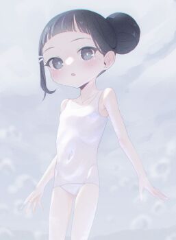 1girl absurdres black_eyes black_hair blush captaintcher covered_navel flat_chest highres looking_at_viewer one-piece_swimsuit open_mouth original school_swimsuit solo swimsuit white_one-piece_swimsuit
