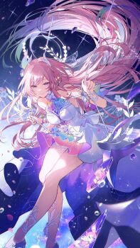 1girl bare_shoulders breasts commentary_request crystal_shards cyrene_(aedes_elysiae)_(honkai:_star_rail) cyrene_(honkai:_star_rail) dress halo highres honkai:_star_rail honkai_(series) long_hair looking_at_viewer medium_breasts mem_(honkai:_star_rail) on_swing pink_hair pointy_ears purple_eyes smile solo swing syerii thighs very_long_hair white_dress