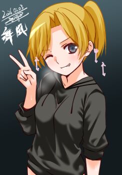 1girl alternate_costume black_eyes black_sweater blonde_hair breasts character_name commentary_request dated drawstring dress engo_(aquawatery) grey_background grin hood hooded_dress hooded_sweater kantai_collection maikaze_(kancolle) one-hour_drawing_challenge one_eye_closed ponytail signature small_breasts smile solo sweater sweater_dress upper_body v