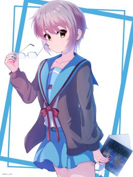 Rule 34 | 1girl, absurdres, blue sailor collar, blue skirt, book, brown cardigan, brown eyes, cardigan, collarbone, commentary request, expressionless, glasses, highres, holding, holding book, holding removed eyewear, kita high school uniform, long sleeves, nagato yuki, open cardigan, open clothes, purple hair, red ribbon, removing eyewear, ribbon, sailor collar, school uniform, serafuku, short hair, skirt, solo, standing, suzumiya haruhi no yuuutsu, thighs, unworn eyewear, winter uniform, yoko hata