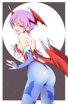 1girl animal_print ass bare_shoulders bat_print blue_pantyhose border breasts commentary_request cowboy_shot darkstalkers demon_girl demon_wings fingernails from_behind grey_background head_wings highres ichizen_(o_tori) leotard lilith_(darkstalkers) long_fingernails multiple_wings open_mouth pantyhose pink_nails print_pantyhose purple_eyes purple_hair red_leotard short_hair simple_background small_breasts solo strapless strapless_leotard white_border wings