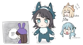 Rule 34 | 4girls, akni, bang dream!, bang dream! it's mygo!!!!!, black hair, blonde hair, blue hair, chibi, chibi only, commentary request, crying, hood, hood up, korean commentary, korean text, long hair, misumi uika, multiple girls, onesie, shiina taki, simple background, togawa sakiko, translation request, white background, yahata umiri