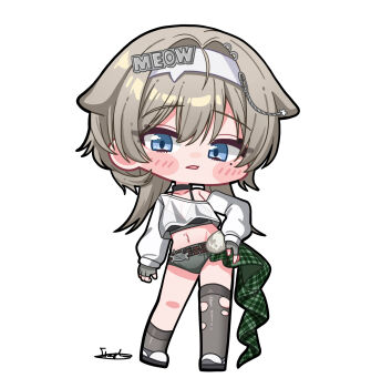 1girl asymmetrical_legwear black_thighhighs blue_eyes blush_stickers chibi fingerless_gloves full_body gloves goddess_of_victory:_nikke grey_gloves grey_hair grey_shorts hairband inesia long_hair long_sleeves midriff mole mole_under_eye navel off_shoulder open_mouth prika_(nikke) shirt shorts simple_background solo standing thighhighs torn_clothes torn_thighhighs white_background white_shirt