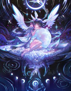 Rule 34 | 1girl, absurdres, arm ribbon, barefoot, black hair, bow, columbina (genshin impact), crescent moon, dress, eye mask, feathered wings, flower, full moon, genshin impact, hair ornament, hair ribbon, head ornament, highres, jessica wijaya, leg ribbon, long hair, mask, moon, multicolored hair, pink hair, ribbon, see-through clothes, see-through mask, solo, sparkle, two-tone hair, very long hair, white bow, white dress, white ribbon, wing hair ornament, wings