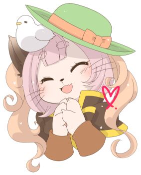 1girl animal animal_ears animal_on_head bird bird_on_head blunt_bangs blush brown_capelet capelet cat_ears cat_girl closed_eyes commentary_request dove furry furry_female green_hat hat iyofika long_hair long_sleeves on_head open_mouth own_hands_together pink_hair ragnarok_online simple_background smile solo summoner_(ragnarok_online) thick_eyebrows upper_body white_background